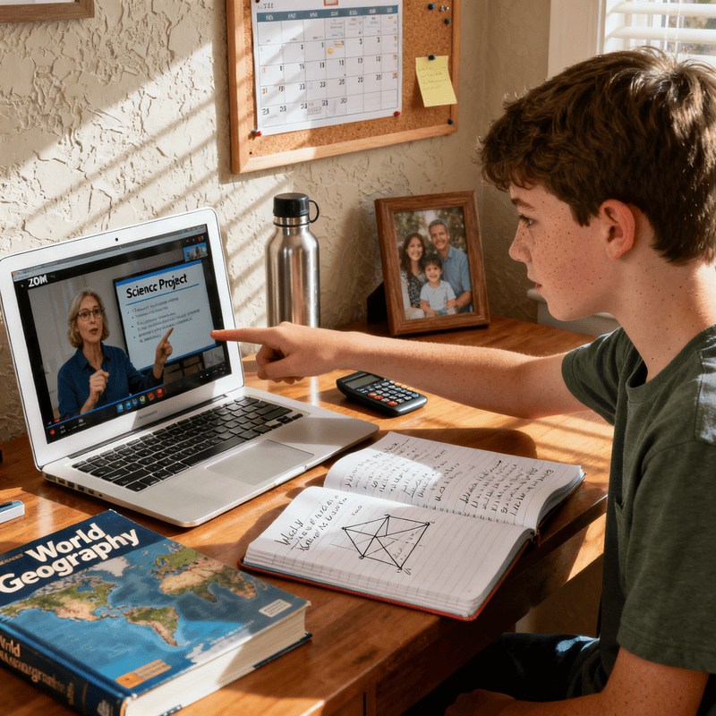 Student attends virtual class with professor, using course material to stay inspired in online education