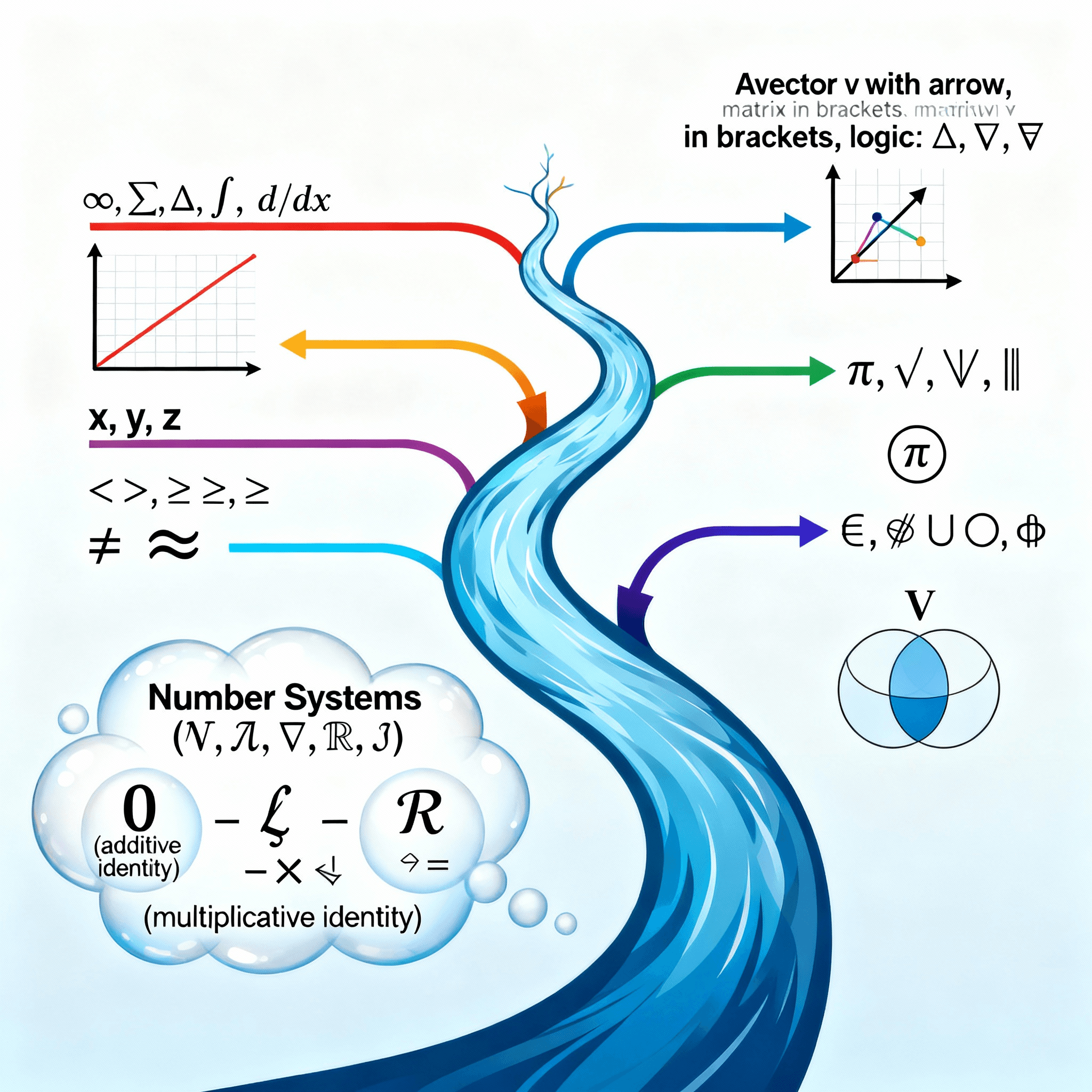 River of mathematical concepts. Shows infinity symbol, greater than or equal, set theory, and other key mathematical objects