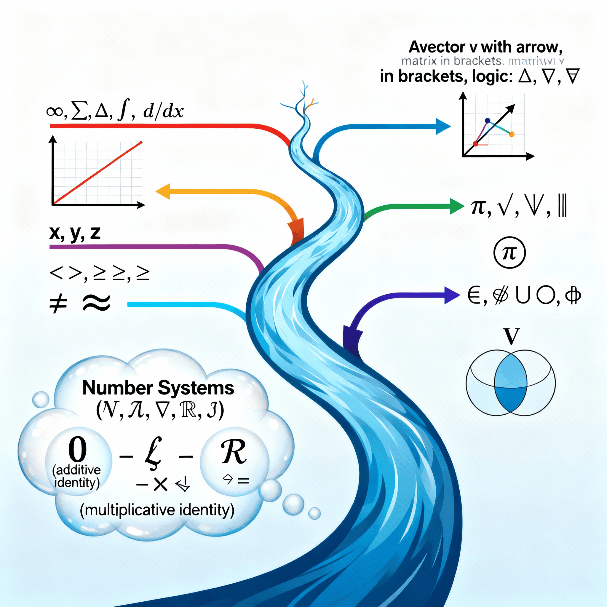 River of mathematical concepts. Shows infinity symbol, greater than or equal, set theory, and other key mathematical objects