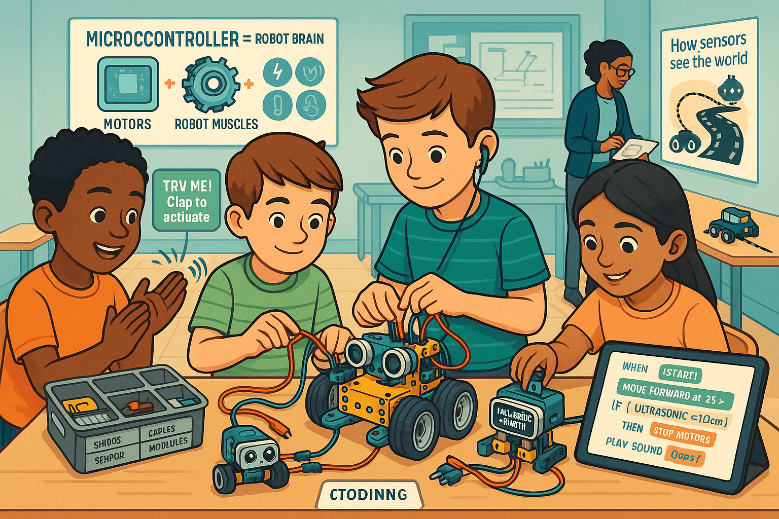 Children build robots using sensors, wires, and microcontrollers to perform tasks