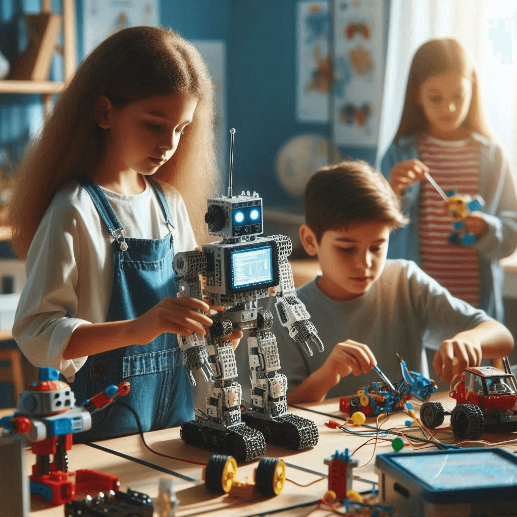 Kids interacting with small robots