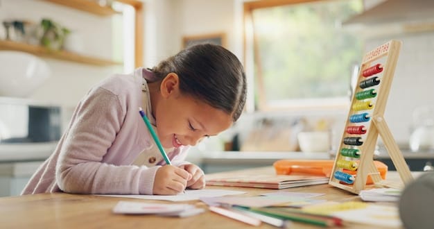 Photo learning writing and happy girl child in a kitchen with maths homework or counting practice in her home education creative and kid student smile while drawing on table for homeschool art lesson
