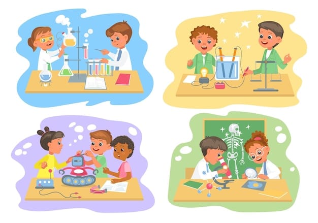 Vector little students work in laboratories happy children in practical biology or chemistry lessons physics class young scientists study kids group programming robots splendid vector set