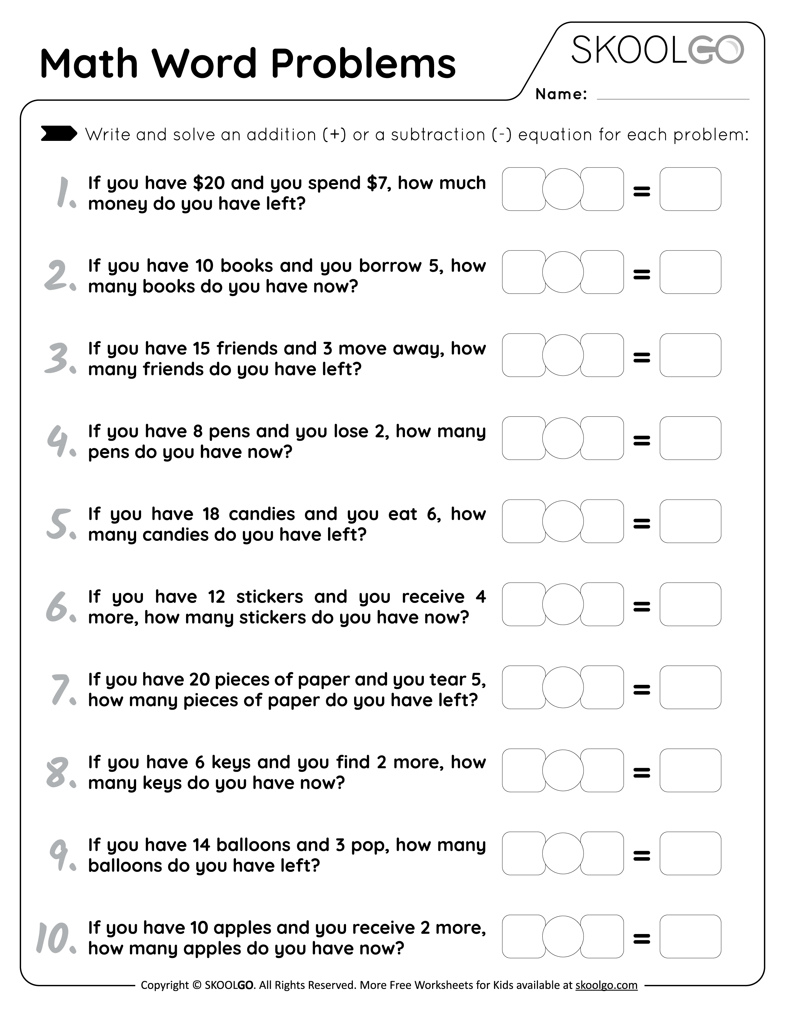 Math Word Problems - Free Worksheet for Kids - SKOOLGO