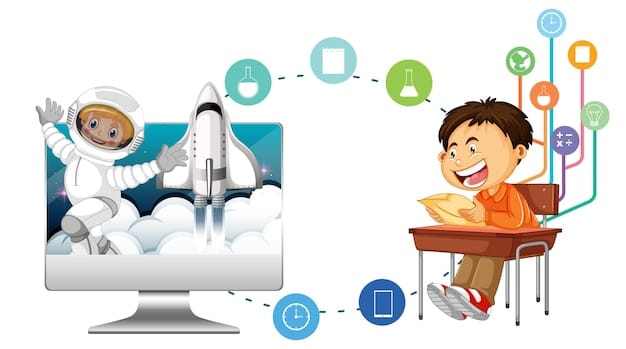 School boy with computer and education icons
