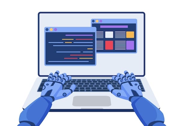 Vector software code automation development using ai machine learning robot coding at laptop