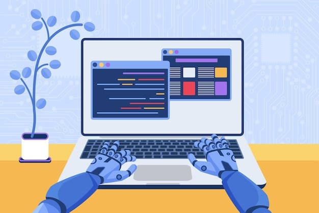 Vector software code automation development using ai machine learning robot coding at laptop
