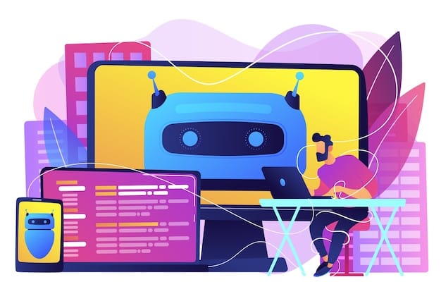 Free Vector user with computer, laptop and tablet screens with chatbot and digital habits. software engineer. bright vibrant violet  isolated illustration