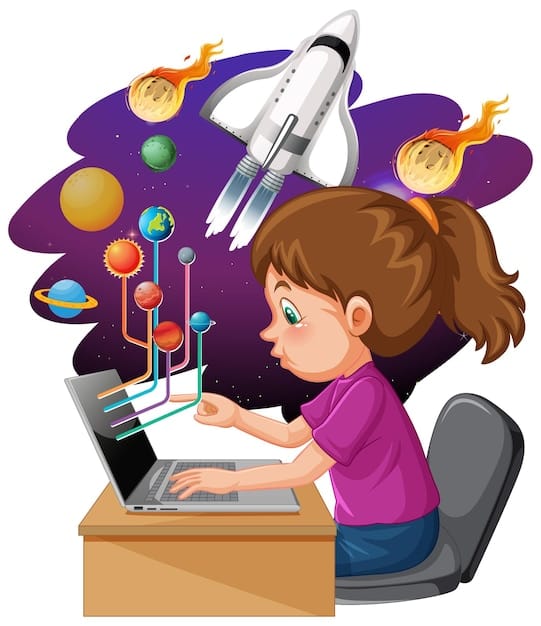 Free Vector young girl using laptop with space objects