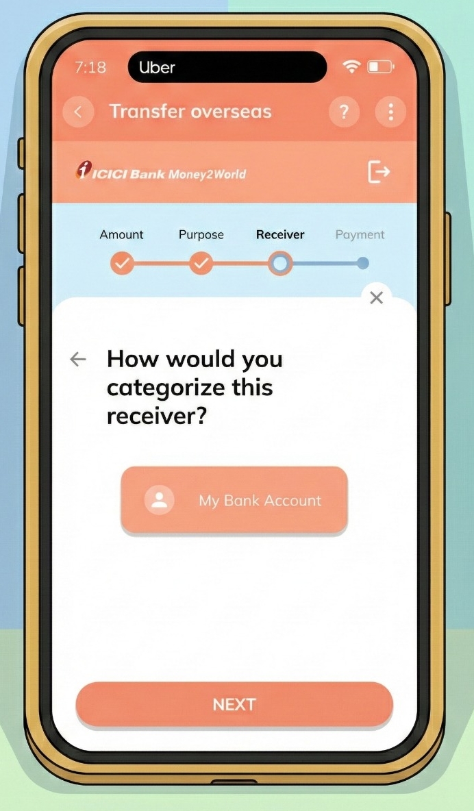 [Screenshot: Receiver category selection - My Bank Account]