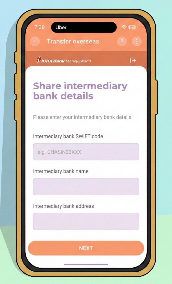 [Screenshot: Intermediary bank details entry]