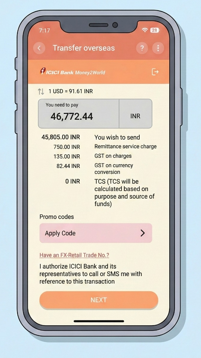 [Screenshot: Source of money selection with TCS note]
