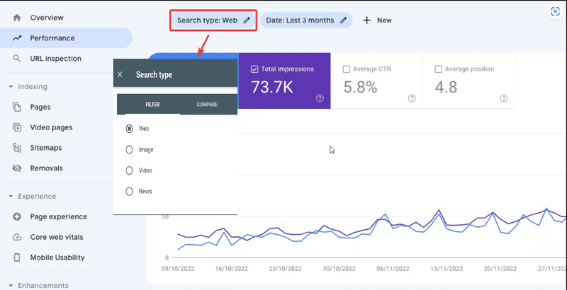 Filter by search type on Google Search Console.