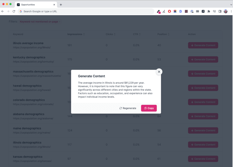 Generate snippets with target keywords using Keyword Metrics.