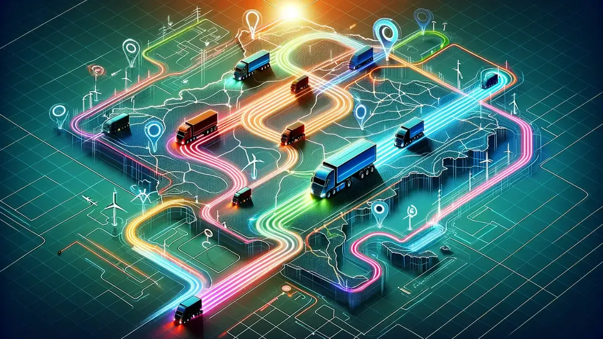AI-powered route optimization for trucking using big data analytics to reduce fuel consumption and improve delivery times.