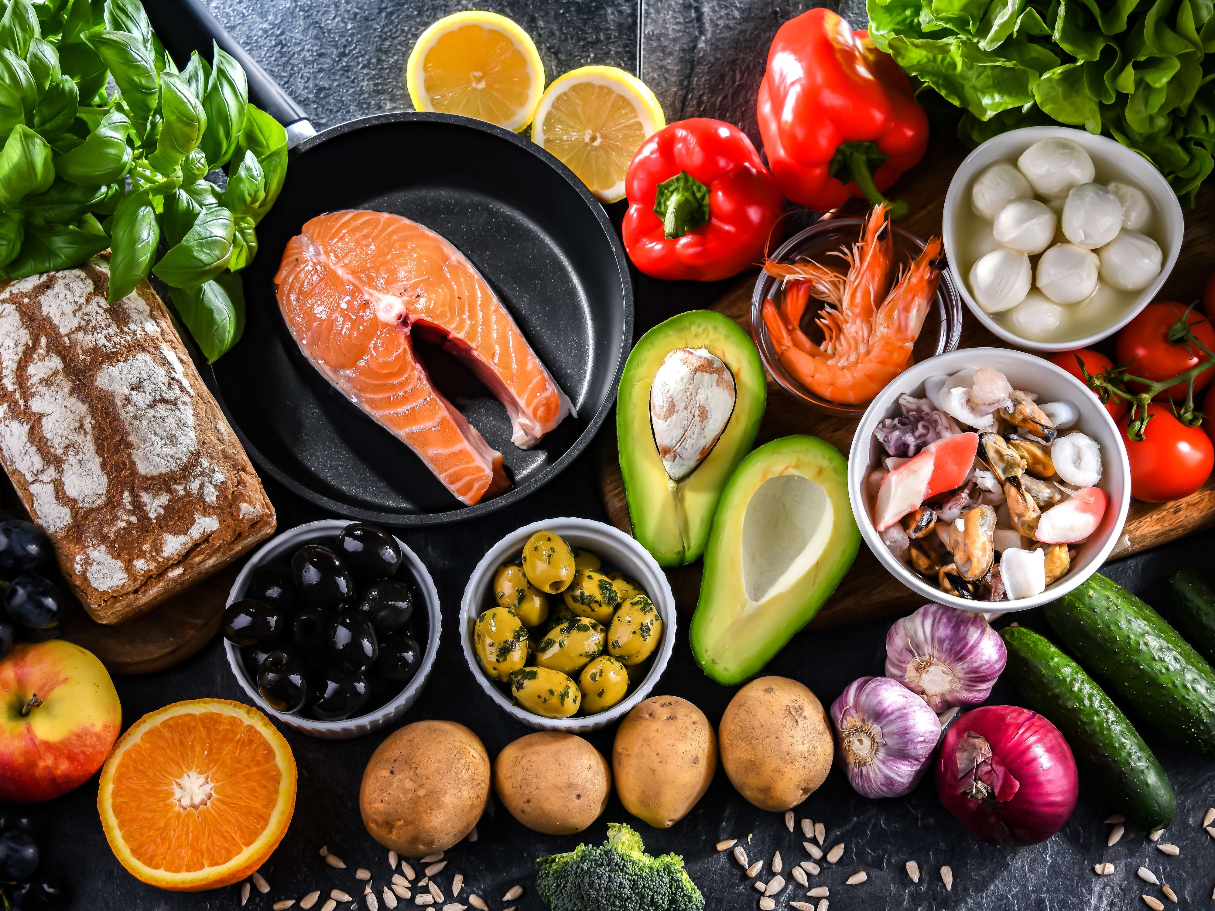 Chicken, eggs, fish, and dairy for a high-protein diet.