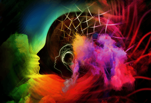 Head-like figure with headphones, radiating a burst of colors, symbolizing music therapy's calming effect