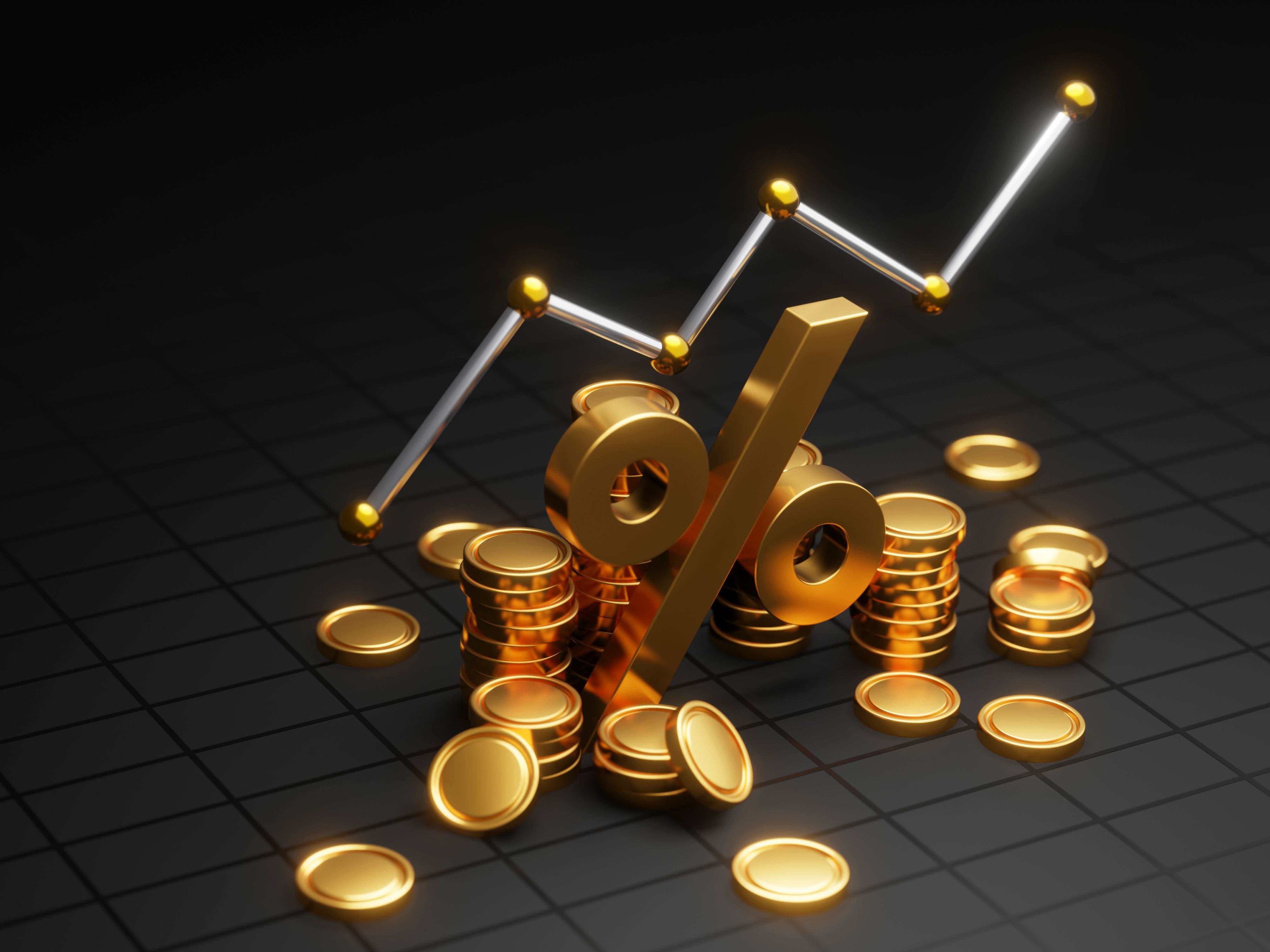 A large percentage sign with an upward graph, surrounded by gold coins