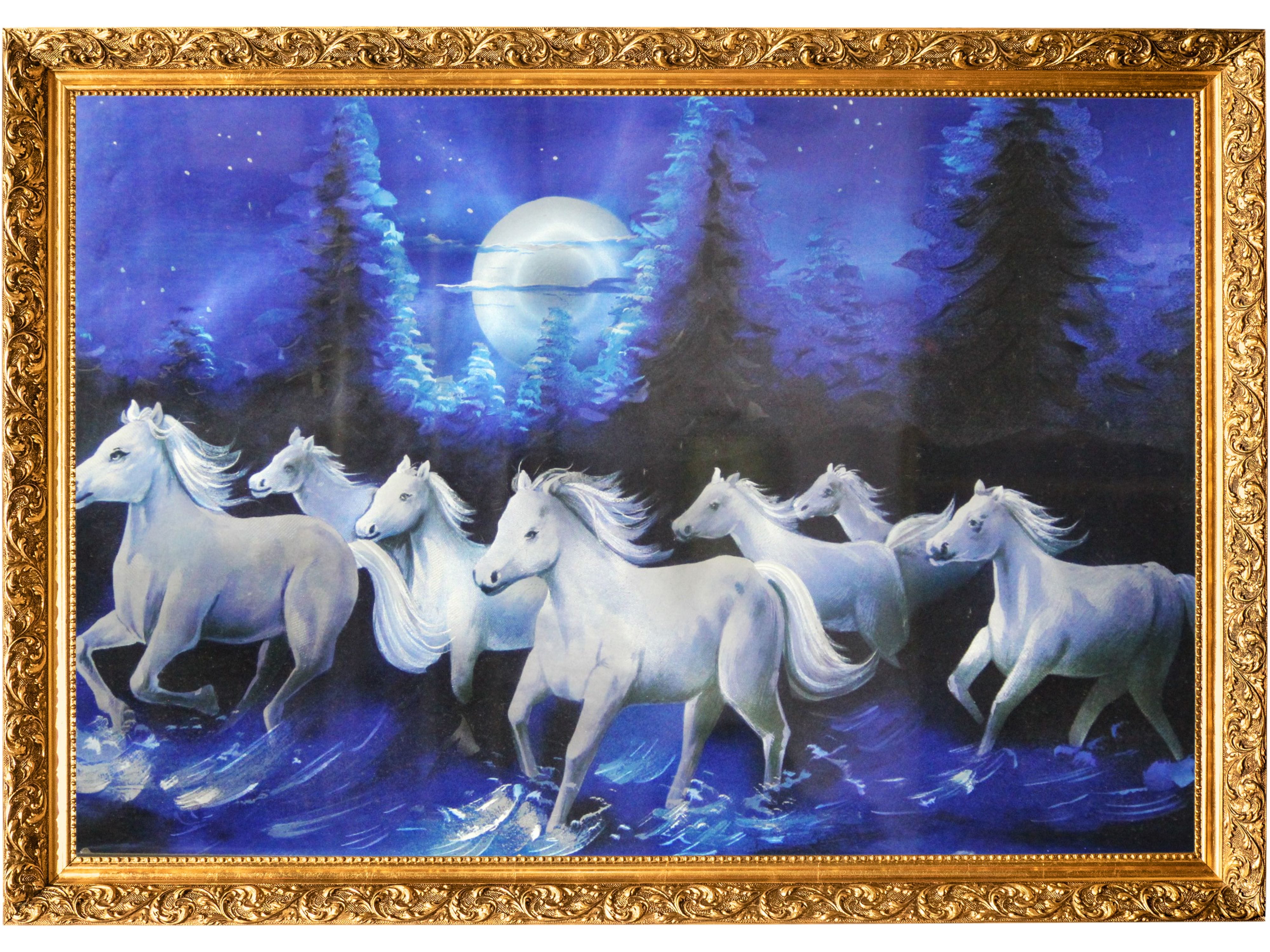 A painting with 7 white Horses