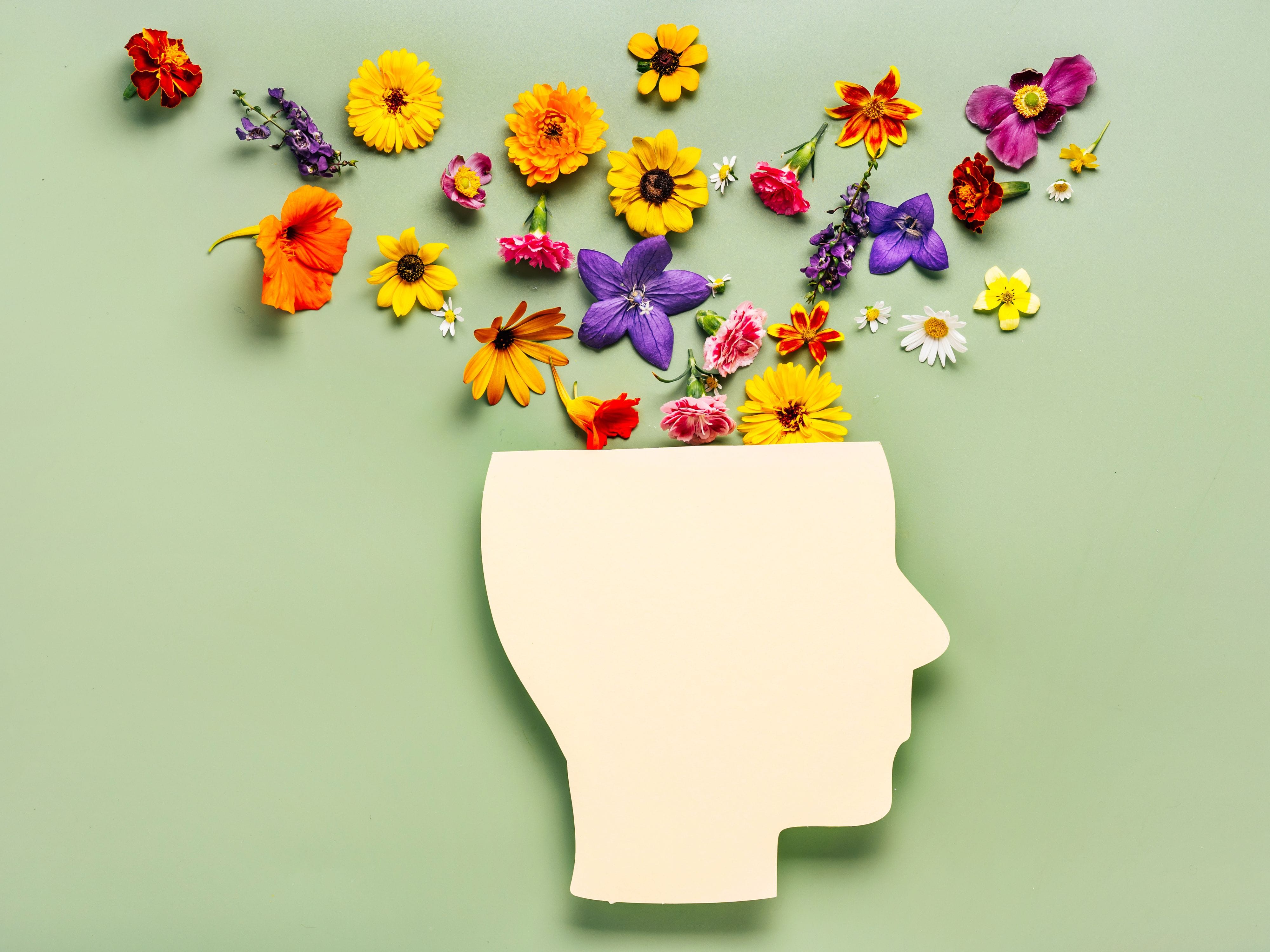 Head releasing flowers, symbolizing a healthy mental state