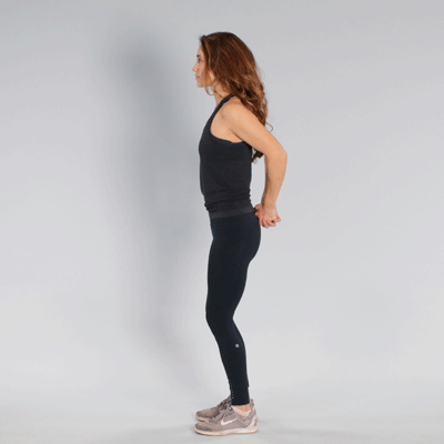 A two-part image showing two women performing a chest and shoulder stretch. In both images, the women are standing with their hands clasped behind their backs, with the top image showing a side view and the bottom image showing a three-quarter view