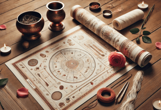 Astrology chart with candles and roses
