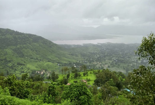 A panoramic view of the lush, green landscape of Alleppey, Kerala, with hills descending to a lake under a cloudy sky