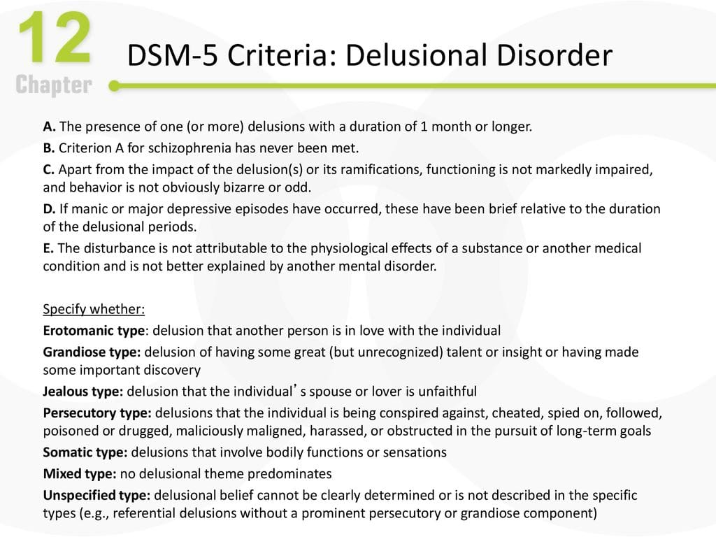 A slide from a presentation titled "DSM-5 Criteria: Delusional Disorder" lists the diagnostic criteria from A to E, followed by a list of specifiers for different types of delusions