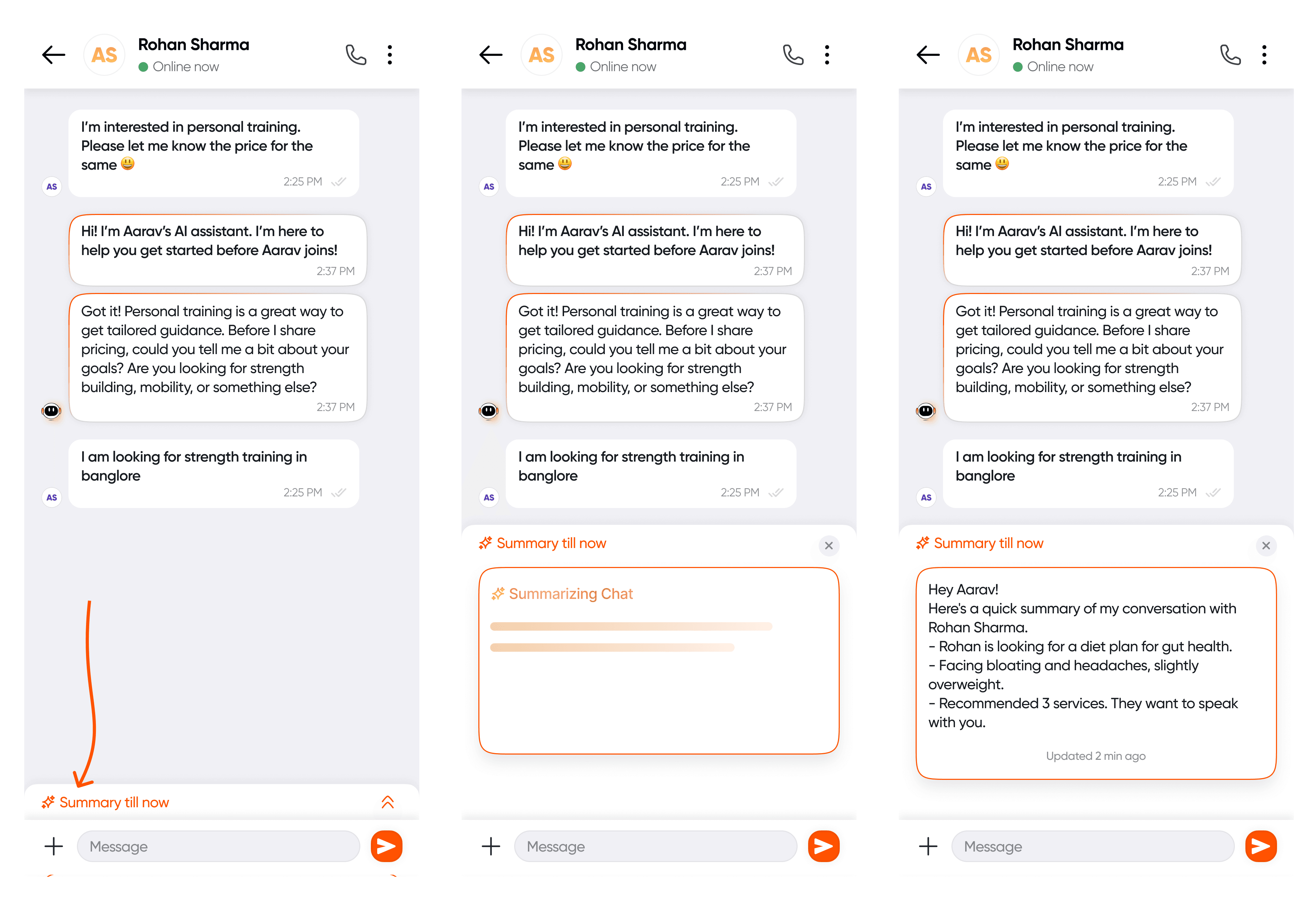 AI summarizes chat: Customer wants strength training in Bangalore
