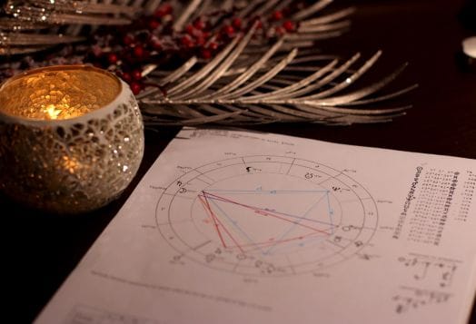 Astrology chart with a lit candle