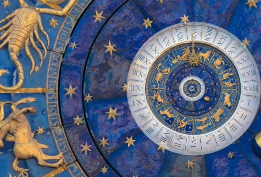Astronomical clock face with zodiac signs