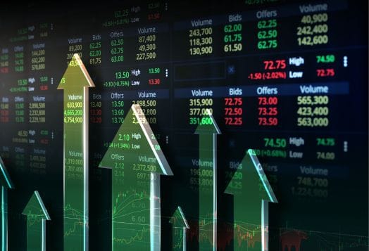 Stock market graph with green arrows pointing up