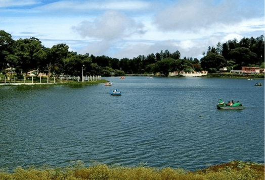 Boats on a lake surrounded by trees in Yercaud
