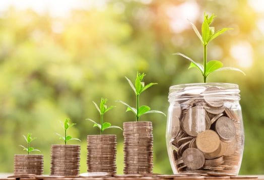 Growing plants on coin stacks and coins in a jar