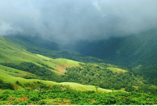 The misty, rolling green hills of Chikmagalur, a lush landscape with clouds hovering over the valleys