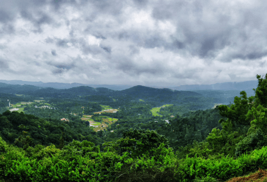 A panoramic view of the lush, green rolling hills and forests in Coorg, Karnataka, under a cloudy sky
