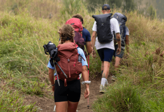 A group of hikers with backpacks walks up a grassy hill
