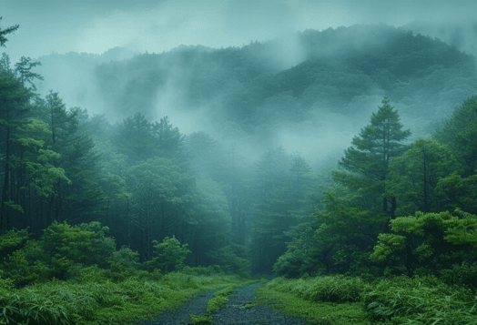 A landscape photo of a misty forest in Kodaikanal, Tamil Nadu, with a path leading into the trees