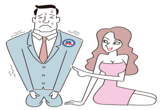 Man in suit sweating while woman laughs at him