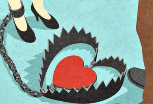 Heart-shaped bear trap with chained feet nearby