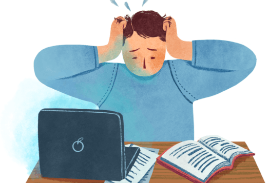 Frustrated man at desk, pulling hair with laptop and books