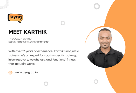 Bio for Karthik, a fitness coach, with his smiling photo