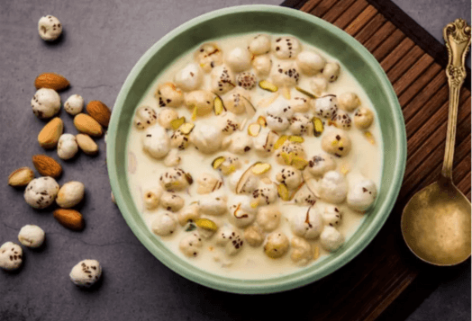 A bowl of Makhana Kheer with pistachios and almonds