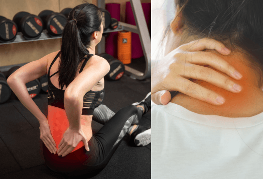 A side-by-side image of a woman with red highlights on her lower back, holding it in pain, next to a close-up of a person with red highlights on their neck, holding it in pain