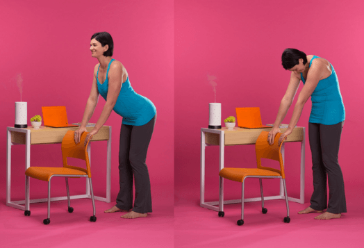 A side-by-side image of a woman doing a desk stretch, with her hands on the back of an orange office chair. The left image shows her leaning forward with a straight back, and the right image shows her rounding her back and looking down