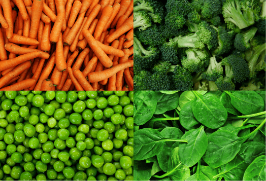 A collage of four healthy vegetables: carrots, broccoli, peas, and spinach