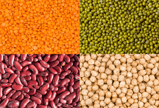 A collage of various lentils and beans, including red, green, kidney, and chickpeas