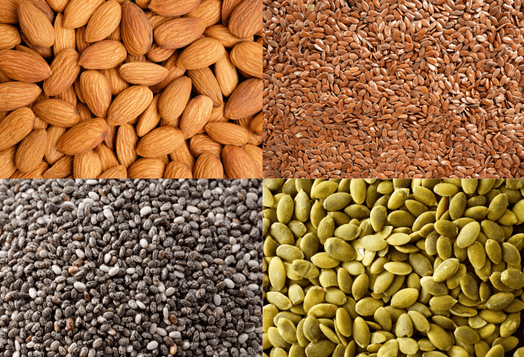 A collage of four different seeds: almonds, flax, chia, and pumpkin