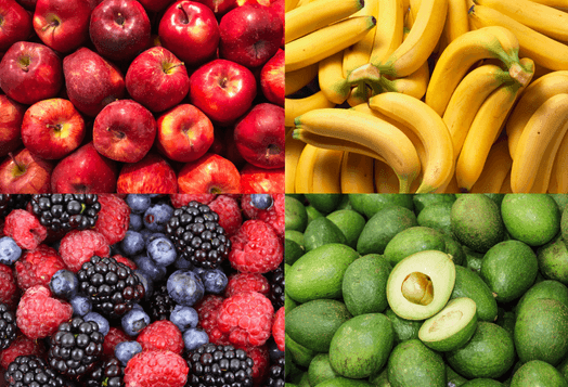A collage of four healthy food types: red apples, bananas, mixed berries, and avocados