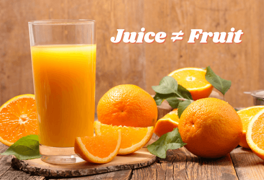 A glass of orange juice on a wooden board next to a pile of whole and sliced oranges, with text that reads, 'Juice ≠ Fruit'
